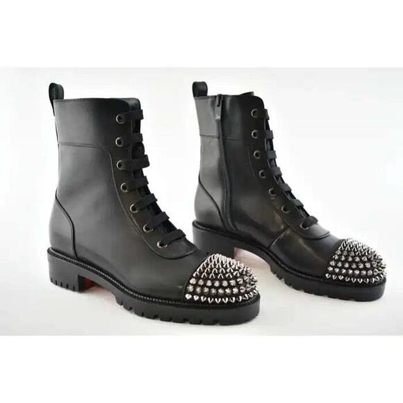 Christian Louboutin TS Croc Flat Black Calf Leather Spike Combat Ankle Boot 36 - Picture 4 of 9